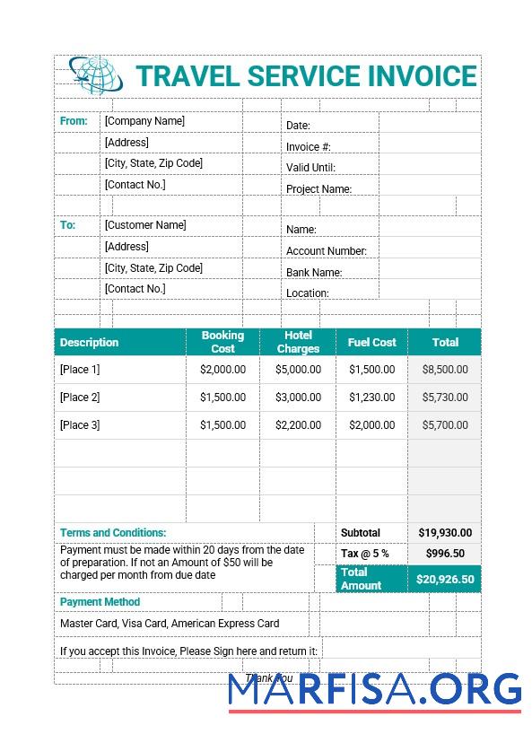 Realistic Sample Travel Service Invoice Template